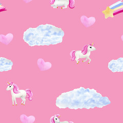 Children's cute magic seamless pattern with unicorn, cloud, heart and rainbow. Watercolor illustration on pink background. For textile, fabric