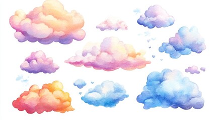Clouds set. White background. Watercolor illustrations
