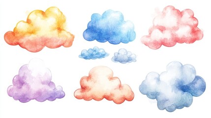 Clouds set. White background. Watercolor illustrations
