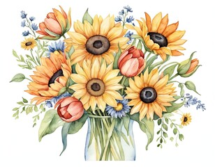 Watercolor painting of a bouquet of sunflowers, tulips and other flowers in a glass vase.