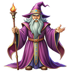 A full-body illustration of an evil wizard with a long transparent beard and a pointed hat, holding a staff with a flaming torch, symbolizing magic, power, wisdom, and fantasy.