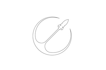 Continuous one line drawing spaceship flyby around the planet. Rocket launch. Space logo.One continuous line isolated minimal illustration.