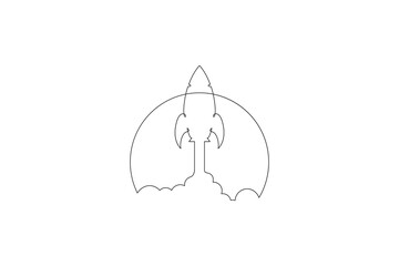 Continuous one line drawing spaceship flyby around the planet. Rocket launch. Space logo.One continuous line isolated minimal illustration.