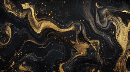 Abstract black and gold marbled texture with flowing patterns and glittering accents.