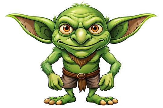 A friendly, cartoon goblin with big ears, a mischievous grin, and a green body. Perfect for fantasy projects, games, or children's illustrations.
