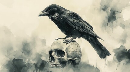 Fototapeta premium A haunting illustration of a raven perched on a skull, set against a misty background, evoking themes of mortality and mystery.