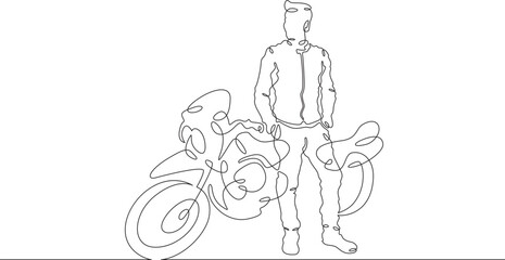 Continuous one line drawing biker standing by his motorcycle. Motorcyclist by his bike. Motorcycle racing driver. One continuous line isolated minimal illustration.