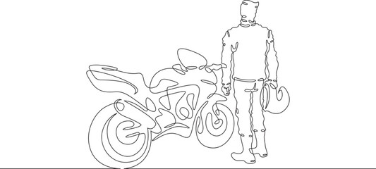 Continuous one line drawing biker standing by his motorcycle. Motorcyclist by his bike. Motorcycle racing driver. One continuous line isolated minimal illustration.