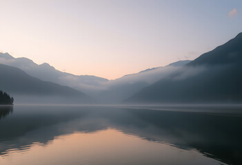 Obraz premium Serene Lake at Sunrise: A calm lake reflecting the soft hues of dawn, surrounded by misty mountains.