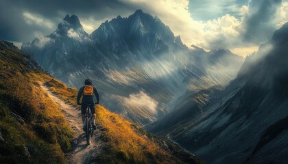 Biker riding on a remote mountain trail, dramatic lighting, Adventure Travel, Path Less Traveled