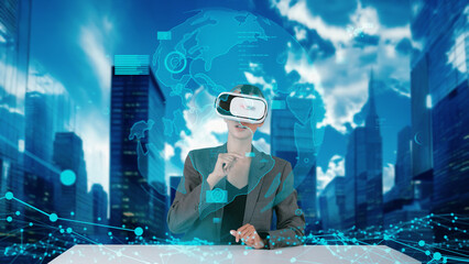 Businesswoman looking dynamic market data research analysis rotated world graph monitor by VR global innovation interface digital infographic network technology visual hologram animation. Contraption.
