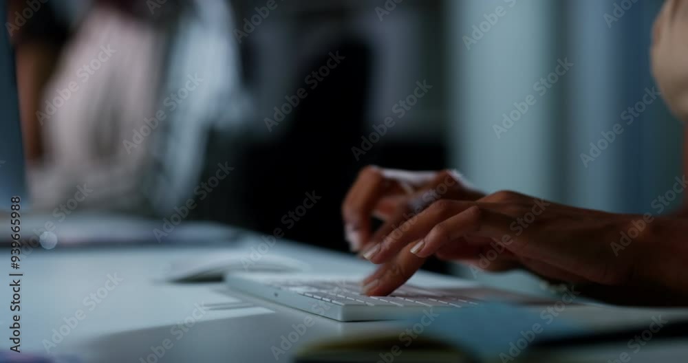 Poster Hands, night or worker typing on computer in wokrplace working on research or startup project online. Social media post, late or closeup of a journalist writing email, editing or report in office