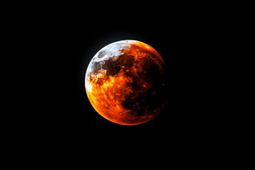 A dramatic high-contrast photograph of a lunar eclipse, focusing on the stark differences between light, shadow, and the blood-red moon