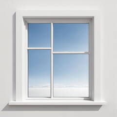 A window with a white frame and a blue sky outside. The window is open and the view outside is clear and bright