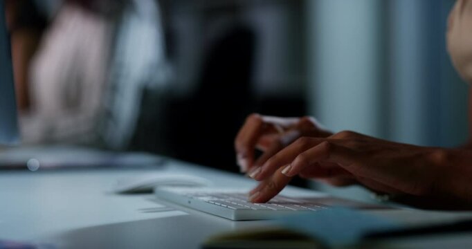 Hands, night or worker typing on computer in wokrplace working on research or startup project online. Social media post, late or closeup of a journalist writing email, editing or report in office