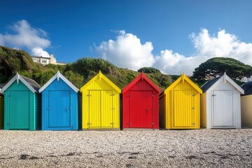 Colorful beach huts lined up along the shore, bright midday sun, Beach Photography, Vibrant Coastline