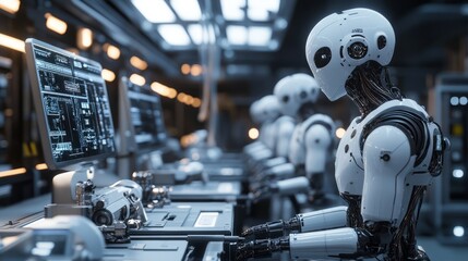 Fototapeta premium A futuristic factory where robots and AI-powered systems are working together seamlessly, showcasing the potential for AI to revolutionize manufacturing