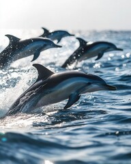 Fototapeta premium Group of dolphins leaping out of the ocean, bright midday sun, Wildlife Experience, Joy in the Waves