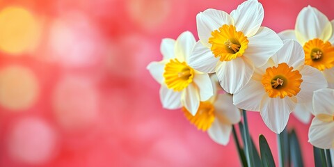 Fototapeta premium A cluster of white and yellow daffodils against a soft pink and orange abstract background with copy space