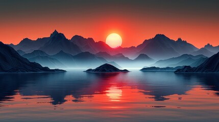 Minimalist Geometric Landscape with Mountains, Lakes, and Waves - Vector Illustration for Travel Postcards, Adventure Flyers, and Banners