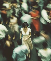 Obraz premium A woman in a cream dress stands out in a bustling crowd during a festival