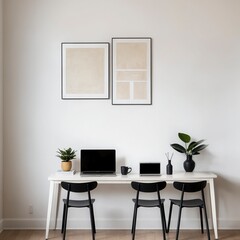 A white desk with a laptop, a cup, and a vase of plants
