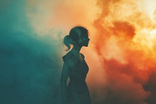 Artistic silhouette of a woman surrounded by dense, vibrant, and colorful smoke clouds, creating a magical atmosphere.