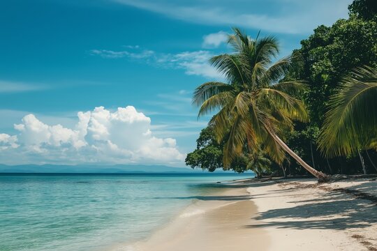 A serene tropical beach featuring clear blue water, sandy shore, and lush palm trees under a bright blue sky.