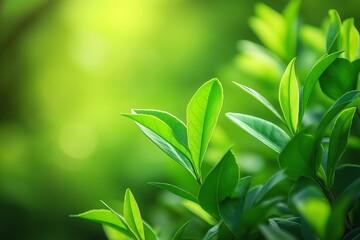 Fototapeta premium Close-up of vibrant green leaves basking in the warm sunlight, illustrating nature's beauty and fresh, healthy growth.