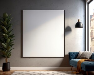 A large white framed picture hangs on a wall in a room with a blue couch and a potted plant. The room has a modern and minimalist design, with a window providing natural light