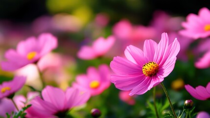 Obraz premium Bright pink flowers in full bloom with a vibrant green background, showcasing nature's beauty and the essence of springtime.