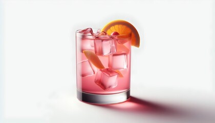 Vibrant Cocktail in Highball Glass with Ice and Fruit Garnish on White Background