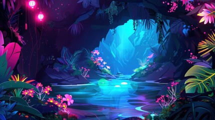 Vibrant Tropical Cave with Glowing Water