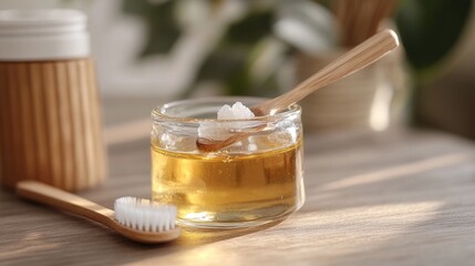 Oil Pulling with Coconut Oil and Wooden Toothbrush