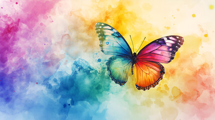fondo colorido con efecto pintura de acuarela con una mariposa de colores como decoracion decorativa hermosa primaveral para diseño de invitacion digital
