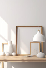 generated illustration of vase and  white frame mockup on wooden bench