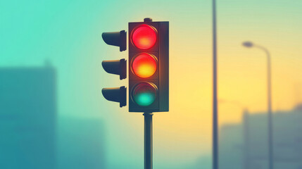 Traffic light with red signal illuminated, urban cityscape background at sunset. City infrastructure and transport concept
