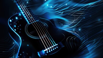 Naklejka premium Acoustic Guitar with Blue Light Streaks