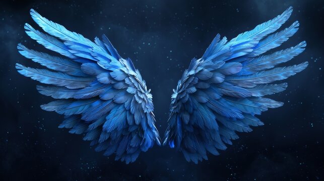 Pair of blue angel wings with feathers spread against dark cosmic background