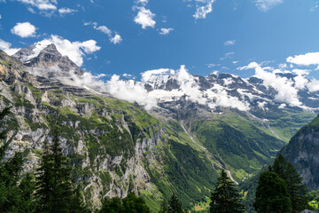 Stunning mountain landscape of Lauterbrunnen valley, Switzerland. Hiking trail from Murren to Gimmelwald village