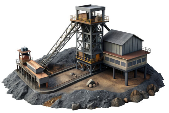A 3D rendering of a coal mining facility, featuring a towering headframe, a conveyor belt, and a processing plant. The image symbolizes industrial activity, resource extraction, energy production, and