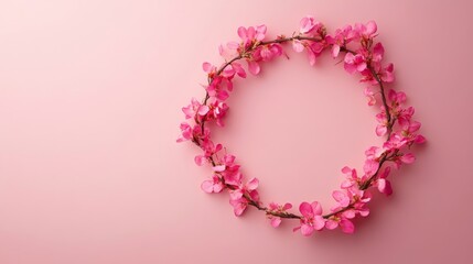 Floral wreath made of pink flowers on a pink background, top view. Spring decoration and flower arrangement concept