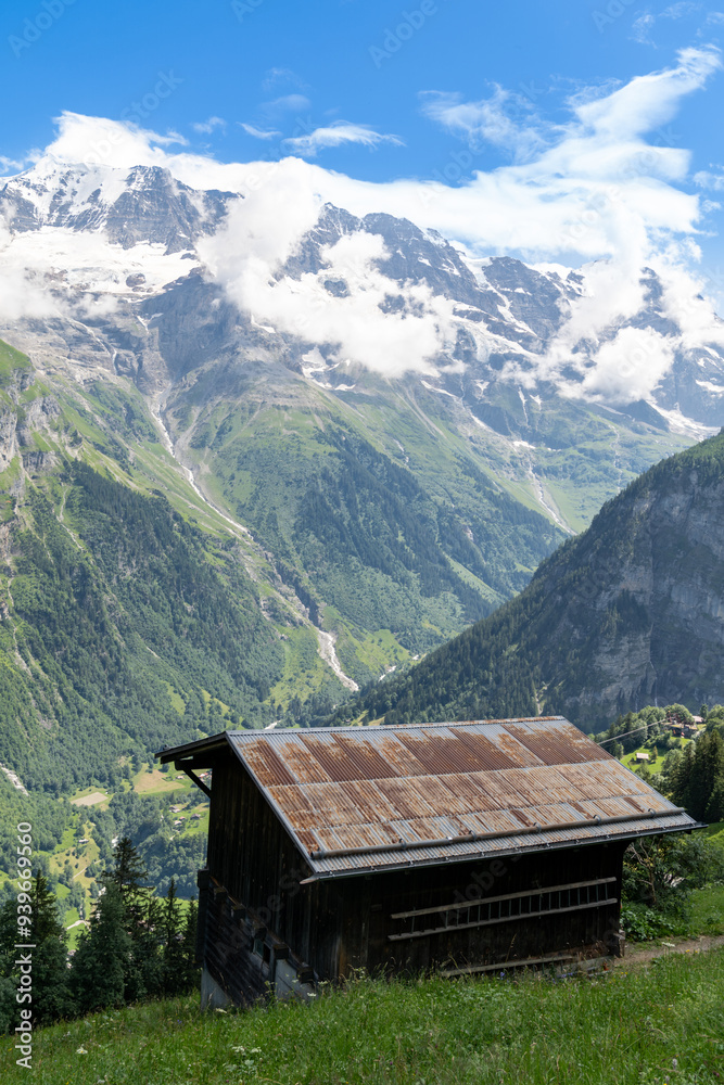 Wall mural stunning mountain landscape of lauterbrunnen valley, switzerland. hiking trail from murren to gimmel