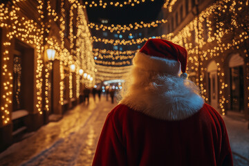 Obraz premium Santa Claus walking down city street. View from back