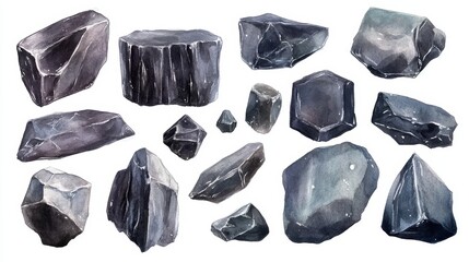 Coal. White background. Watercolor illustrations set