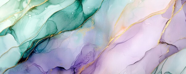 Abstract watercolor painting with gold accents in green and purple tones