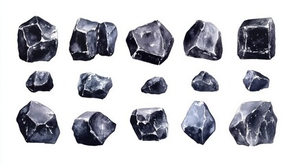 Coal. White background. Watercolor illustrations set
