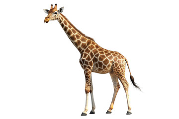 Obraz premium A 3D render of a giraffe, standing tall and isolated against a black background. The giraffe's long neck and spotted coat are rendered in detail, showcasing its majestic presence.