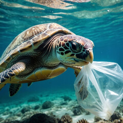 Fototapeta premium Sea turtle is caught in plastic bag on sandy beach near ocean. Its body is lying on sand. Image highlights dangers of plastic pollution in ocean and need for environmental protection. AI generated.