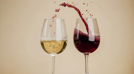Two glasses of white and red wine splashing against beige background, motion and celebration concept